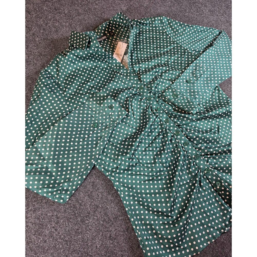 New York & Company 7th Avenue Blouse Womens M Green Polka Dot Ruched NWT